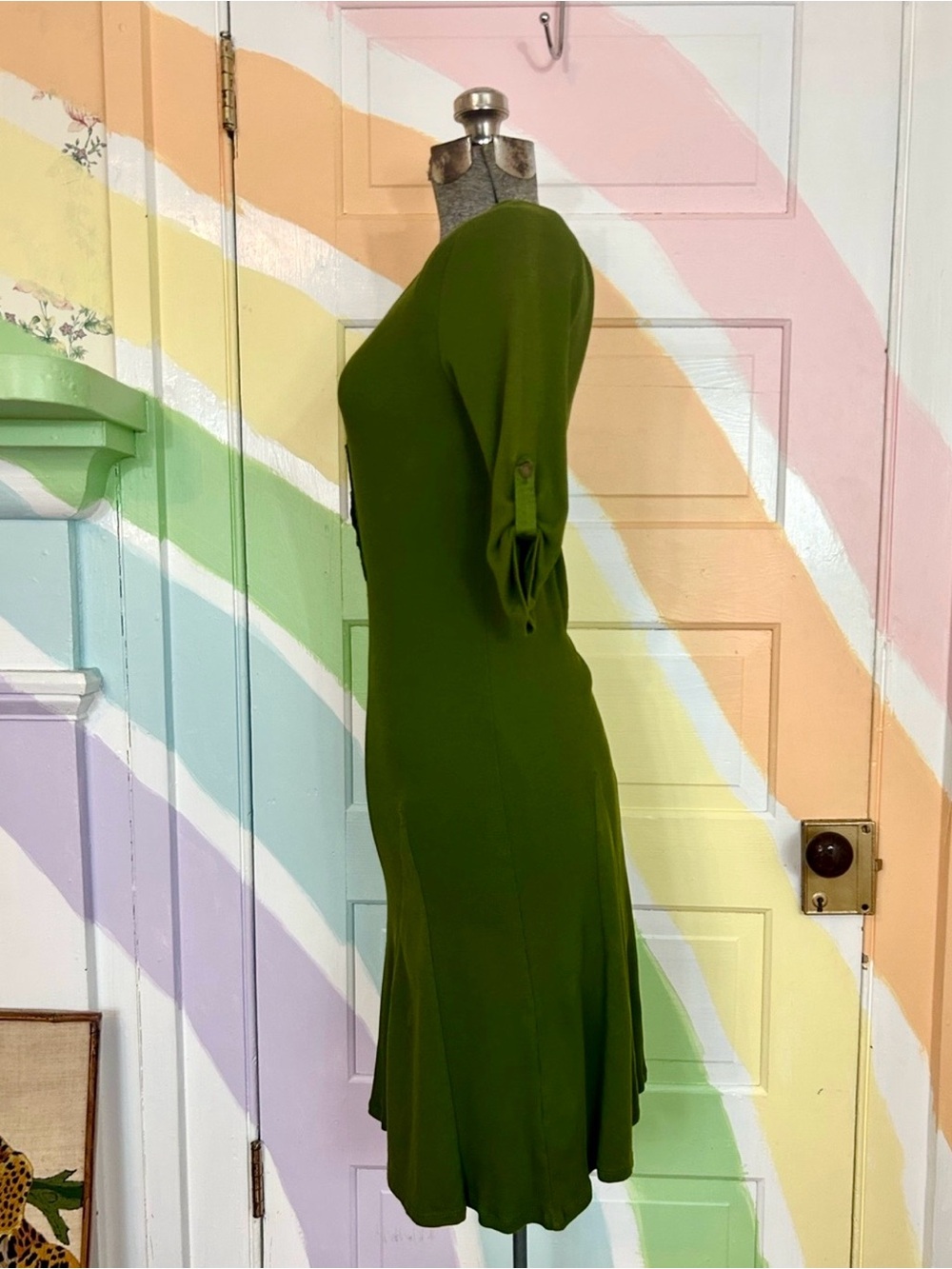 Lauren Ralph Lauren Green Henley Knit Dress Sz SP 3/4 Sleeve Fit & Flare👽 - Picture 3 of 12